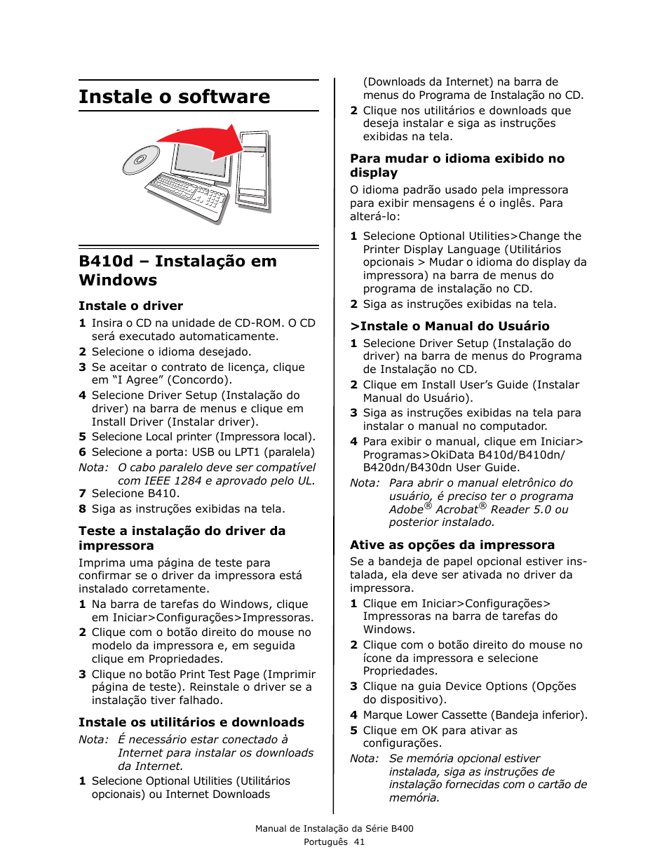 Instale o software, B410d – instalação em windows | Oki B430DN User Manual | Page 41 / 48