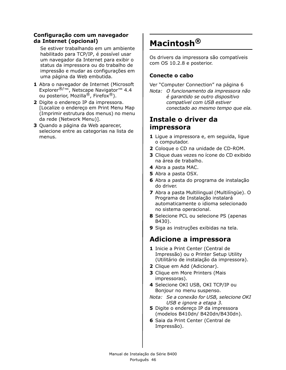 Macintosh, Instale o driver da impressora, Adicione a impressora | Oki B430DN User Manual | Page 46 / 48