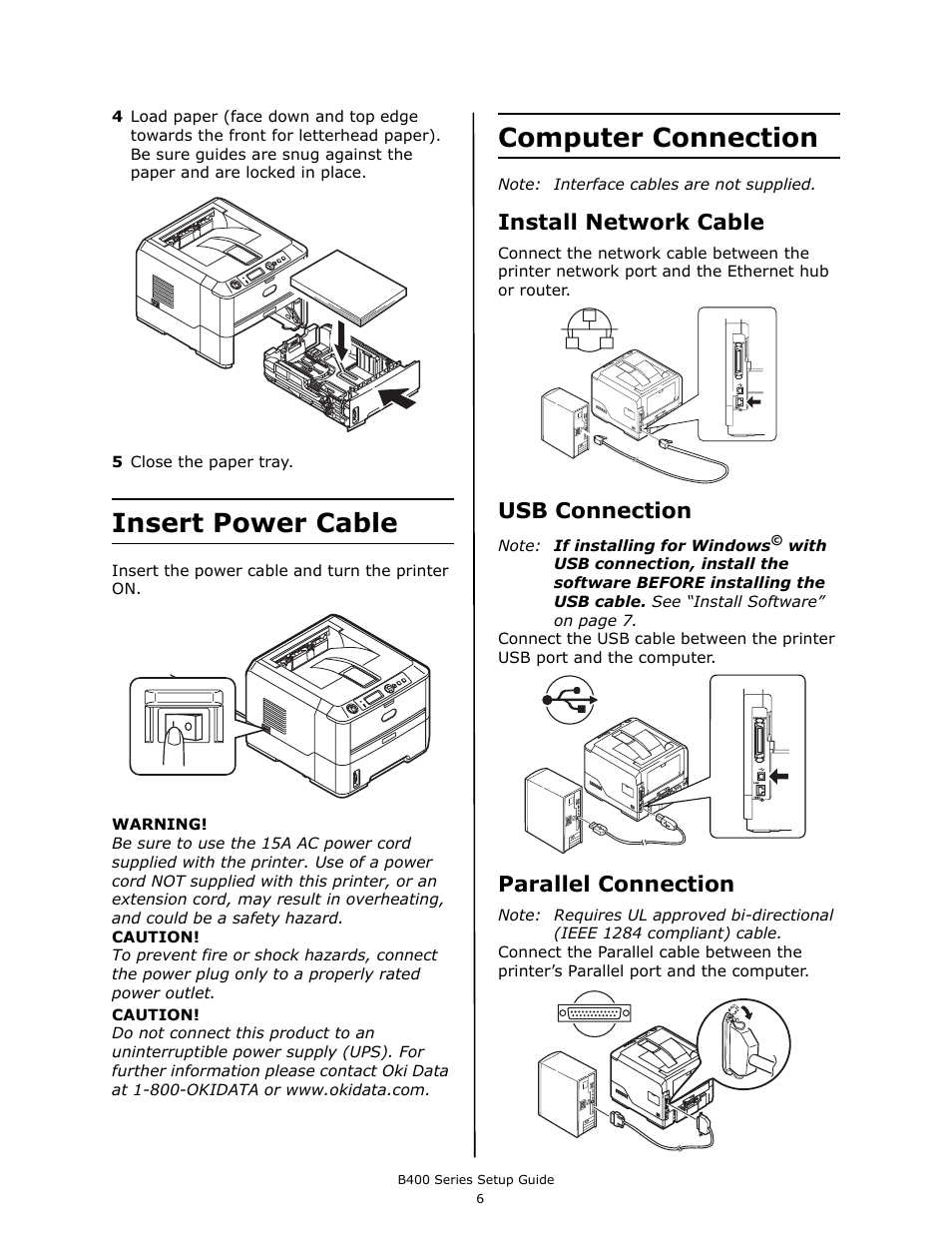 Insert power cable, Computer connection, Install network cable | Usb connection, Parallel connection | Oki B430DN User Manual | Page 6 / 48