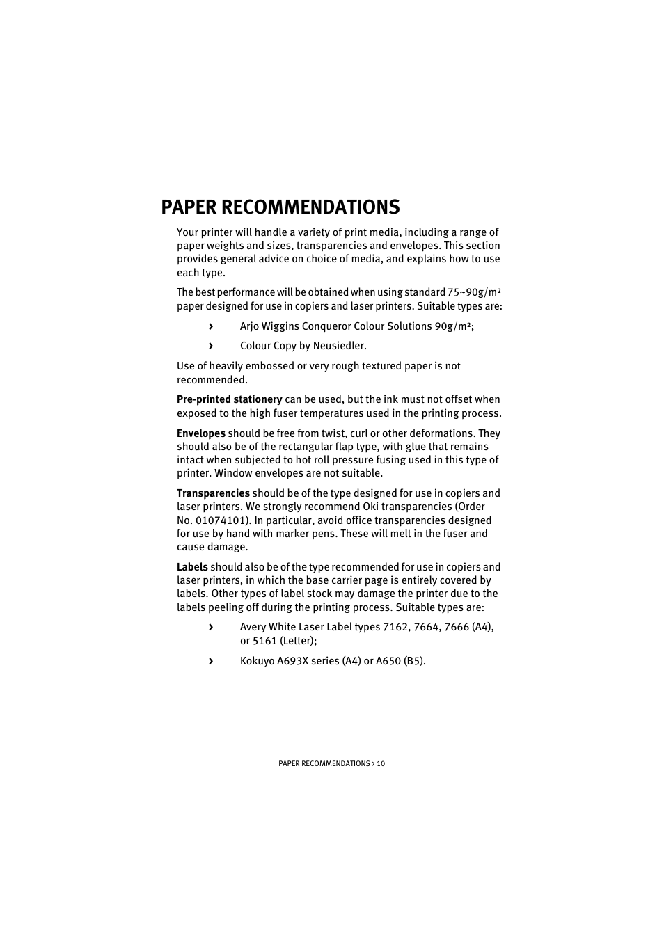 Paper recommendations | Oki C 5200n User Manual | Page 10 / 82