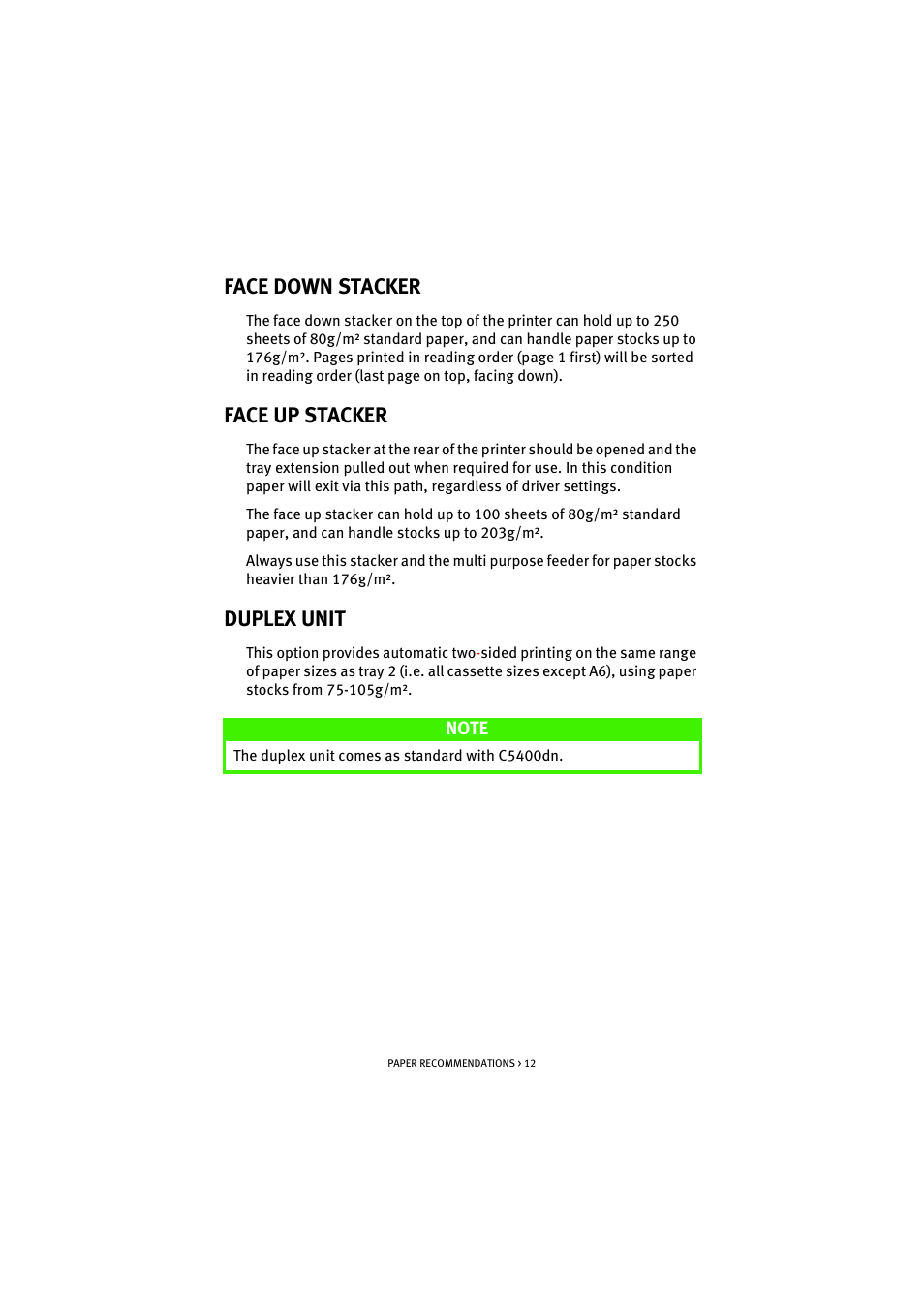 Face down stacker, Face up stacker, Duplex unit | Face down stacker face up stacker duplex unit | Oki C 5200n User Manual | Page 12 / 82