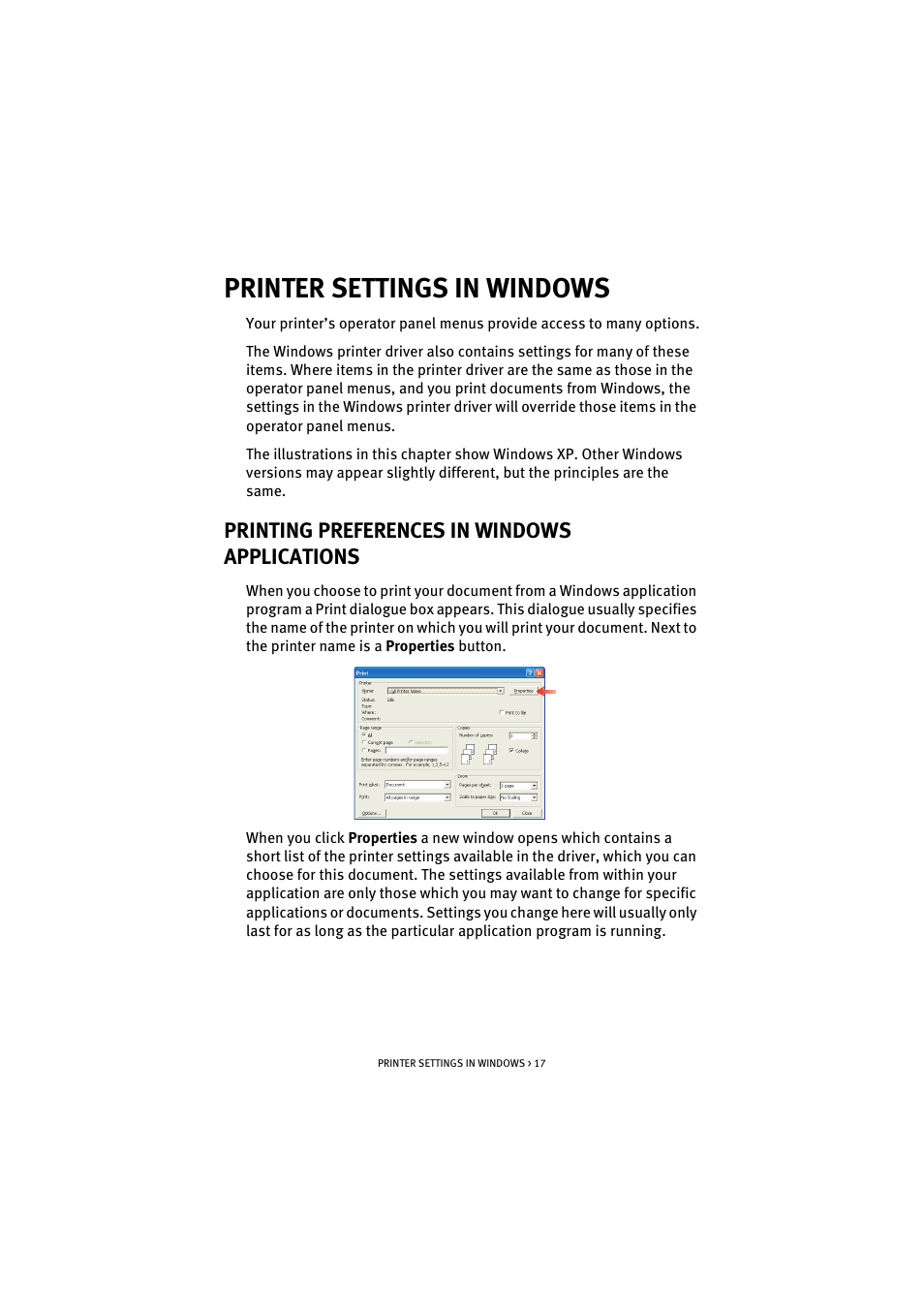 Printer settings in windows, Printing preferences in windows applications | Oki C 5200n User Manual | Page 17 / 82