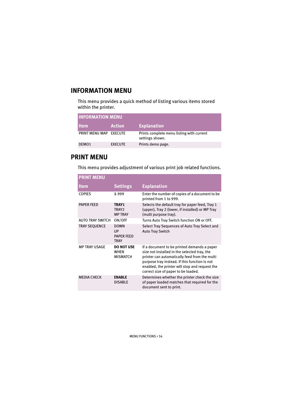 Information menu, Print menu, Information menu print menu | Oki C 5200n User Manual | Page 34 / 82