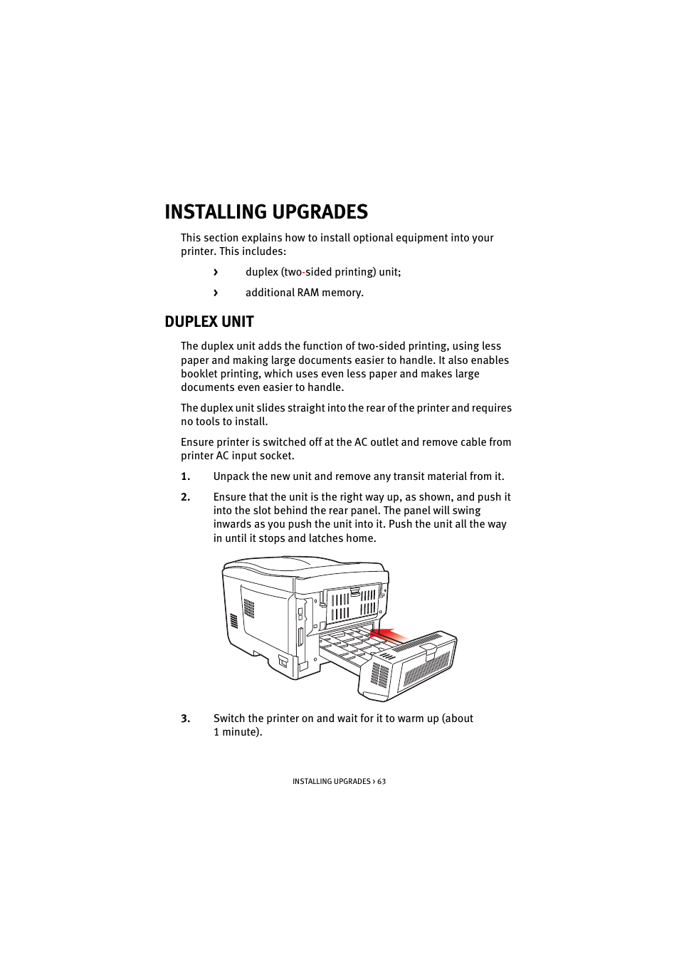 Installing upgrades, Duplex unit | Oki C 5200n User Manual | Page 63 / 82