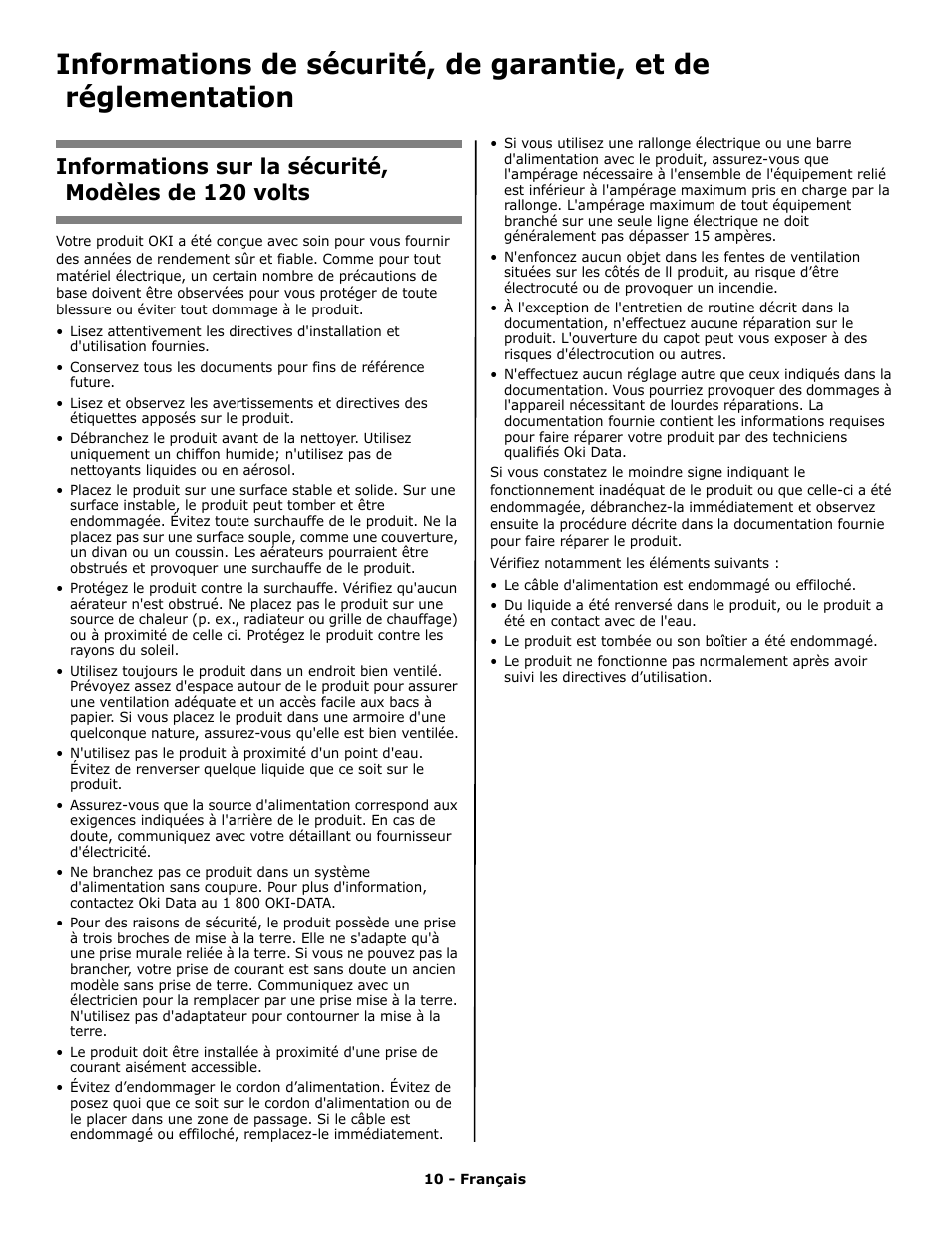 Informations sur la sécurité, modèles de 120 volts | Oki PRINTING SOLUTION B2400N User Manual | Page 10 / 36