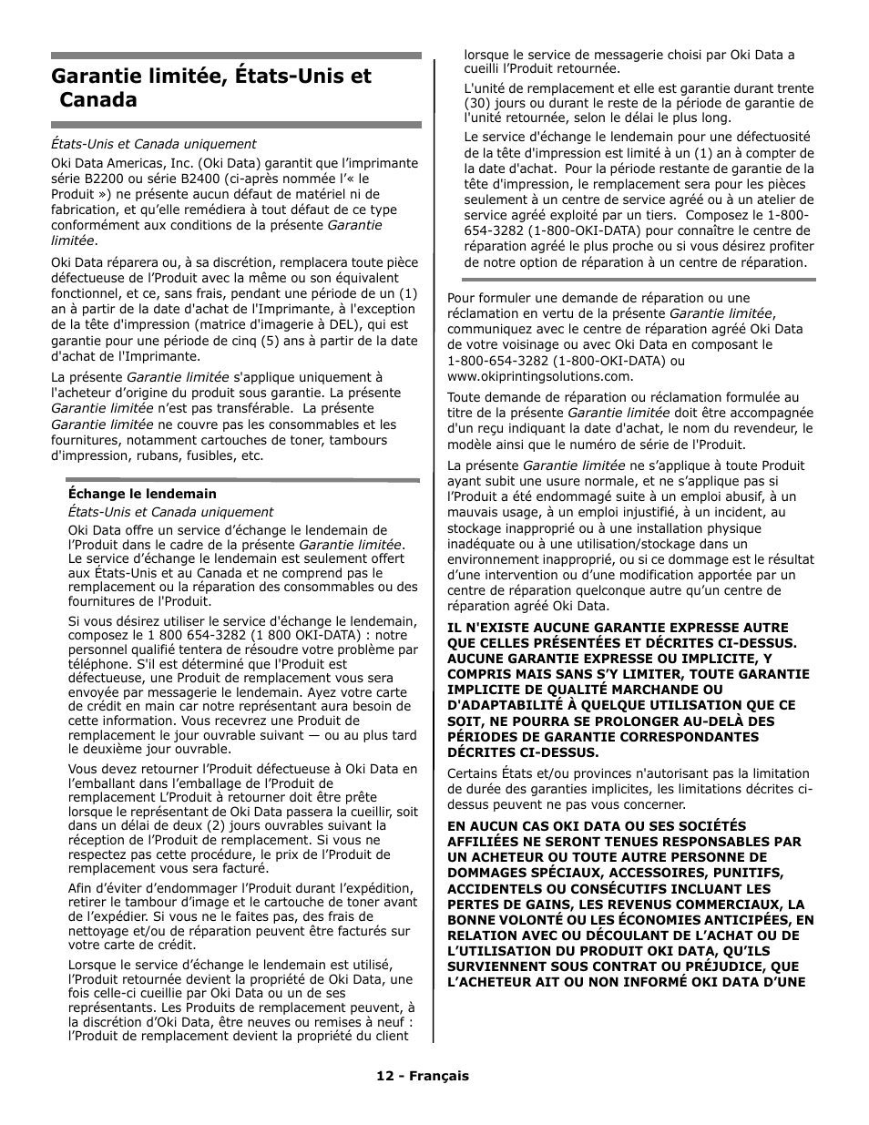 Garantie limitée, états-unis et canada | Oki PRINTING SOLUTION B2400N User Manual | Page 12 / 36