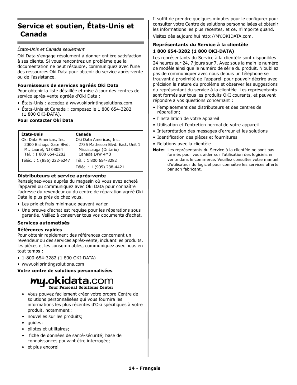Service et soutien, états-unis et canada | Oki PRINTING SOLUTION B2400N User Manual | Page 14 / 36