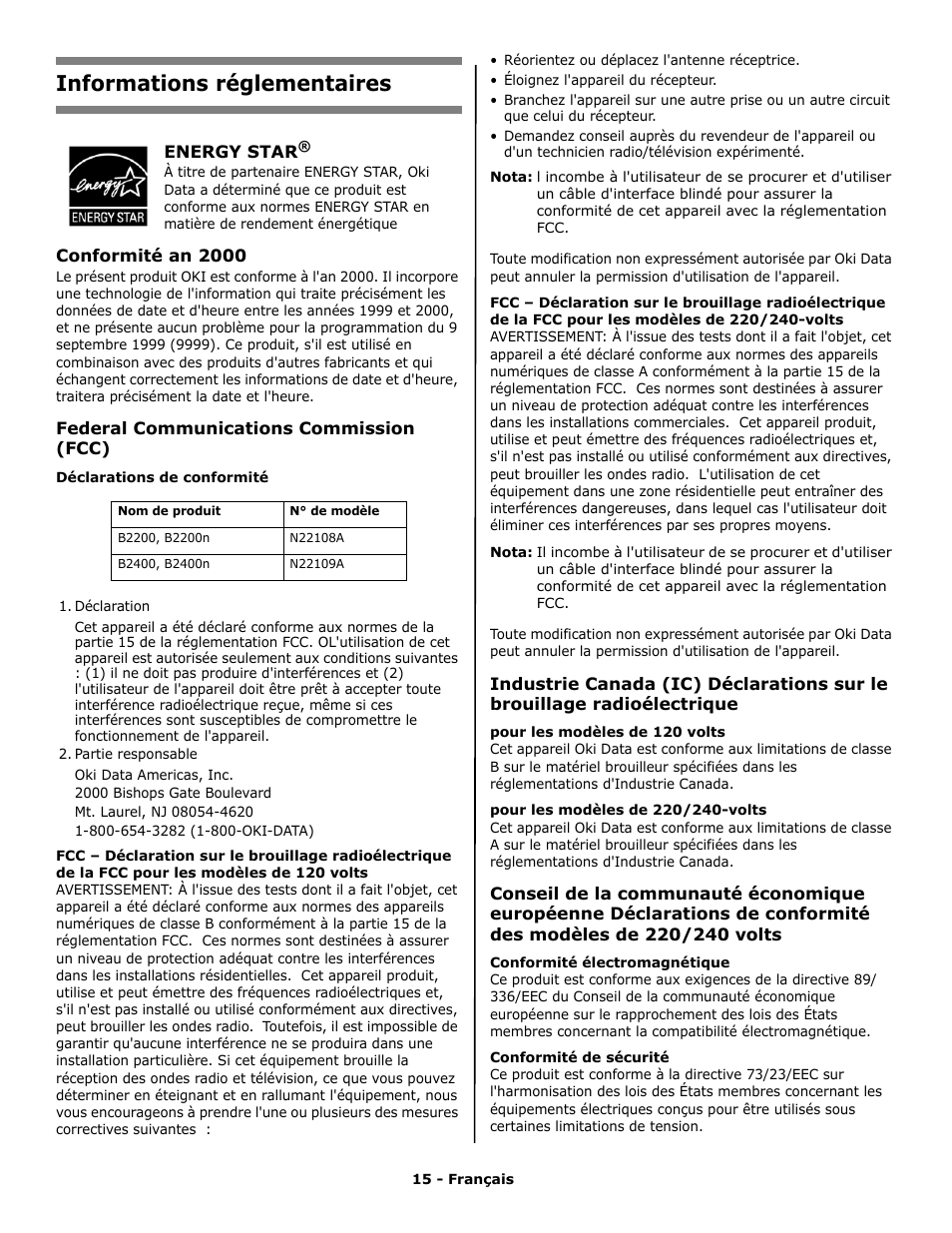 Informations réglementaires | Oki PRINTING SOLUTION B2400N User Manual | Page 15 / 36