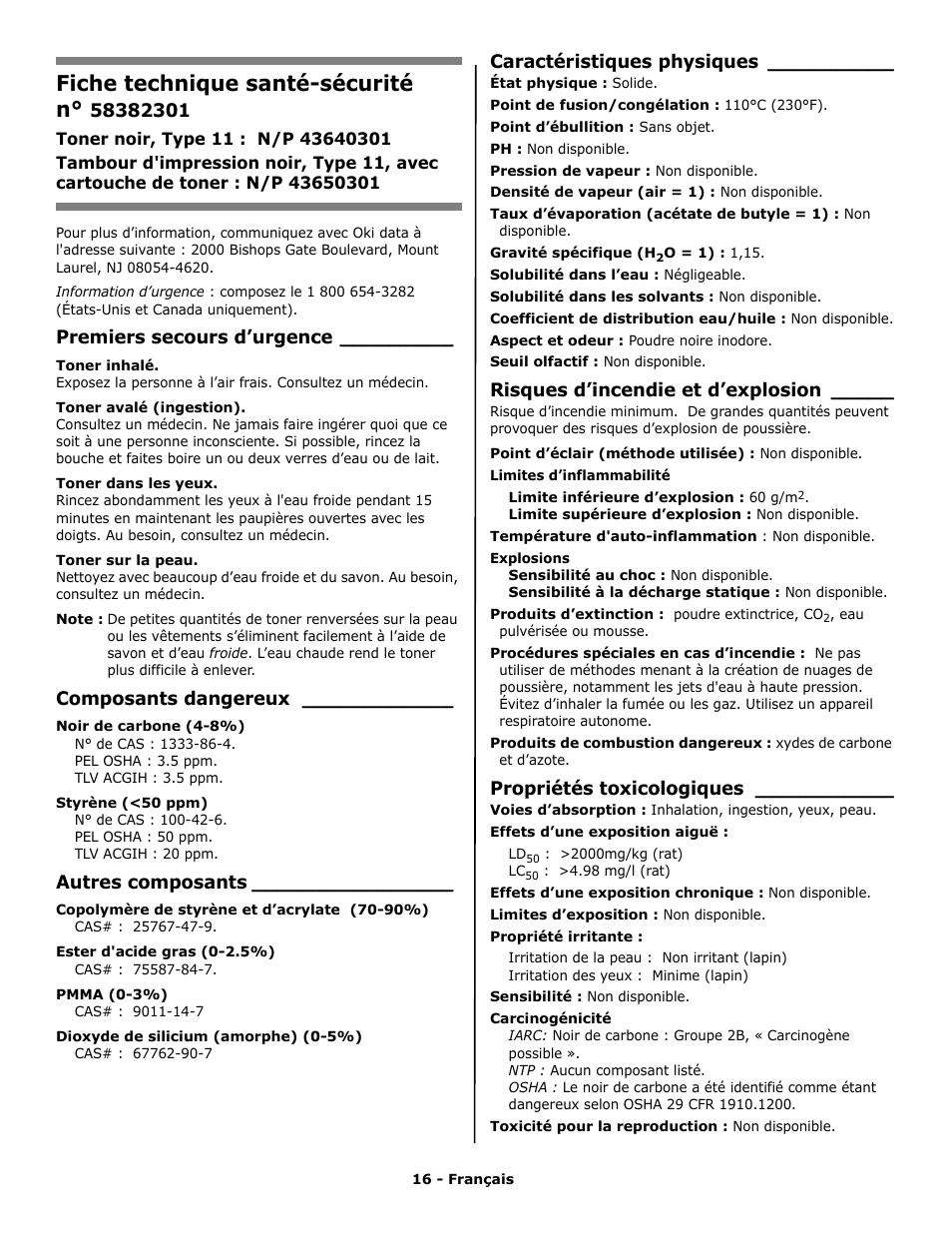 Fiche technique santé-sécurité, Fiche technique santé-sécurité n, Premiers secours d’urgence | Composants dangereux, Autres composants, Caractéristiques physiques, Risques d’incendie et d’explosion, Propriétés toxicologiques | Oki PRINTING SOLUTION B2400N User Manual | Page 16 / 36
