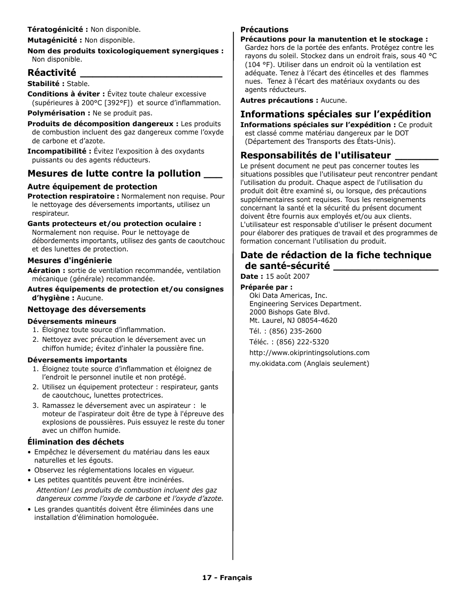 Réactivité, Mesures de lutte contre la pollution, Informations spéciales sur l’expédition | Responsabilités de l'utilisateur | Oki PRINTING SOLUTION B2400N User Manual | Page 17 / 36