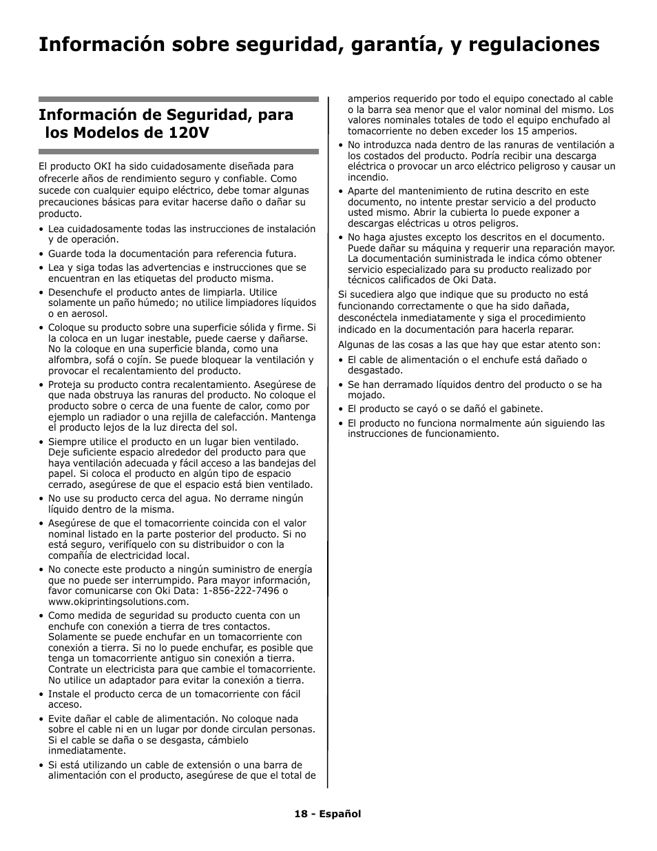 Información de seguridad, para los modelos de 120v | Oki PRINTING SOLUTION B2400N User Manual | Page 18 / 36