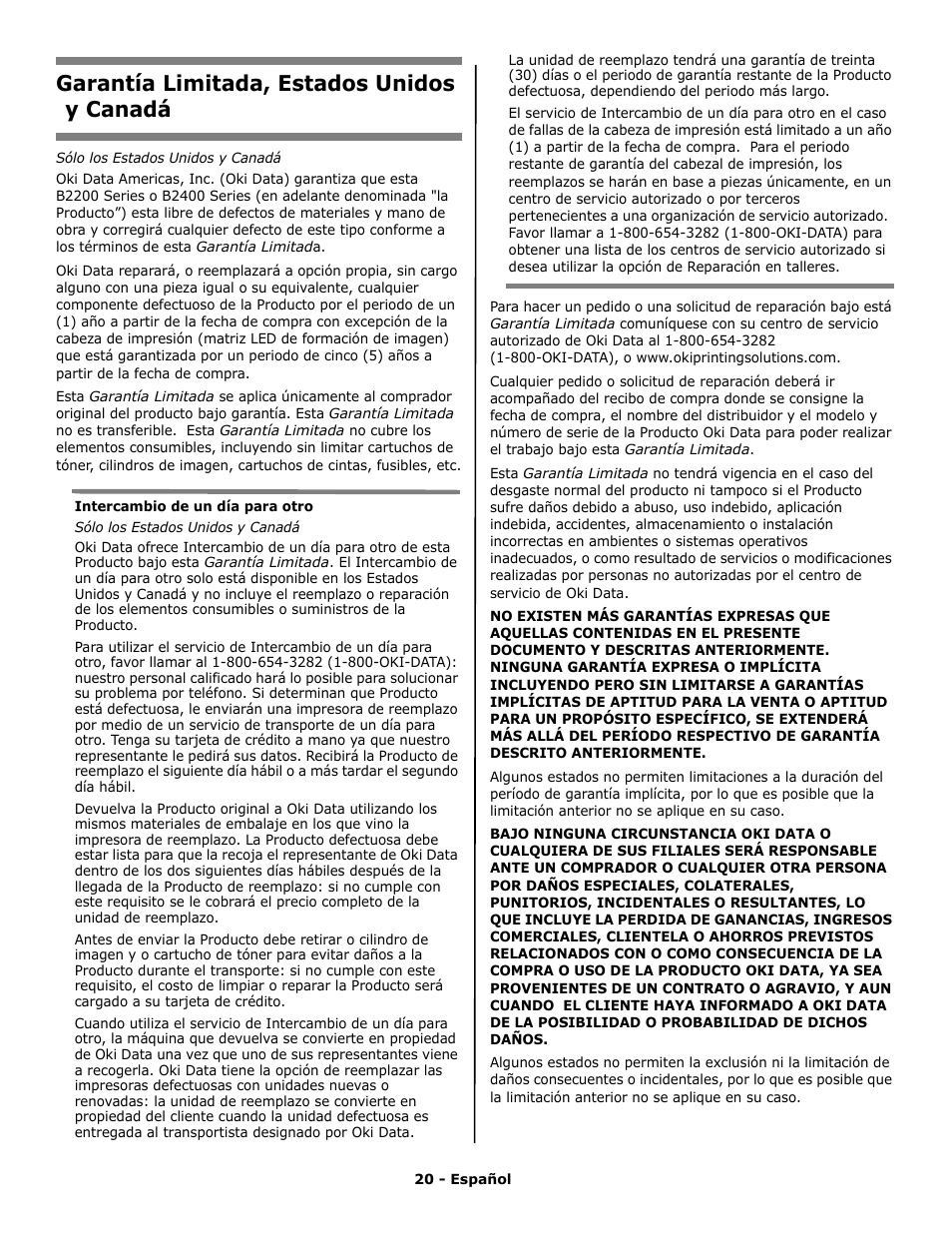 Garantía limitada, estados unidos y canadá | Oki PRINTING SOLUTION B2400N User Manual | Page 20 / 36