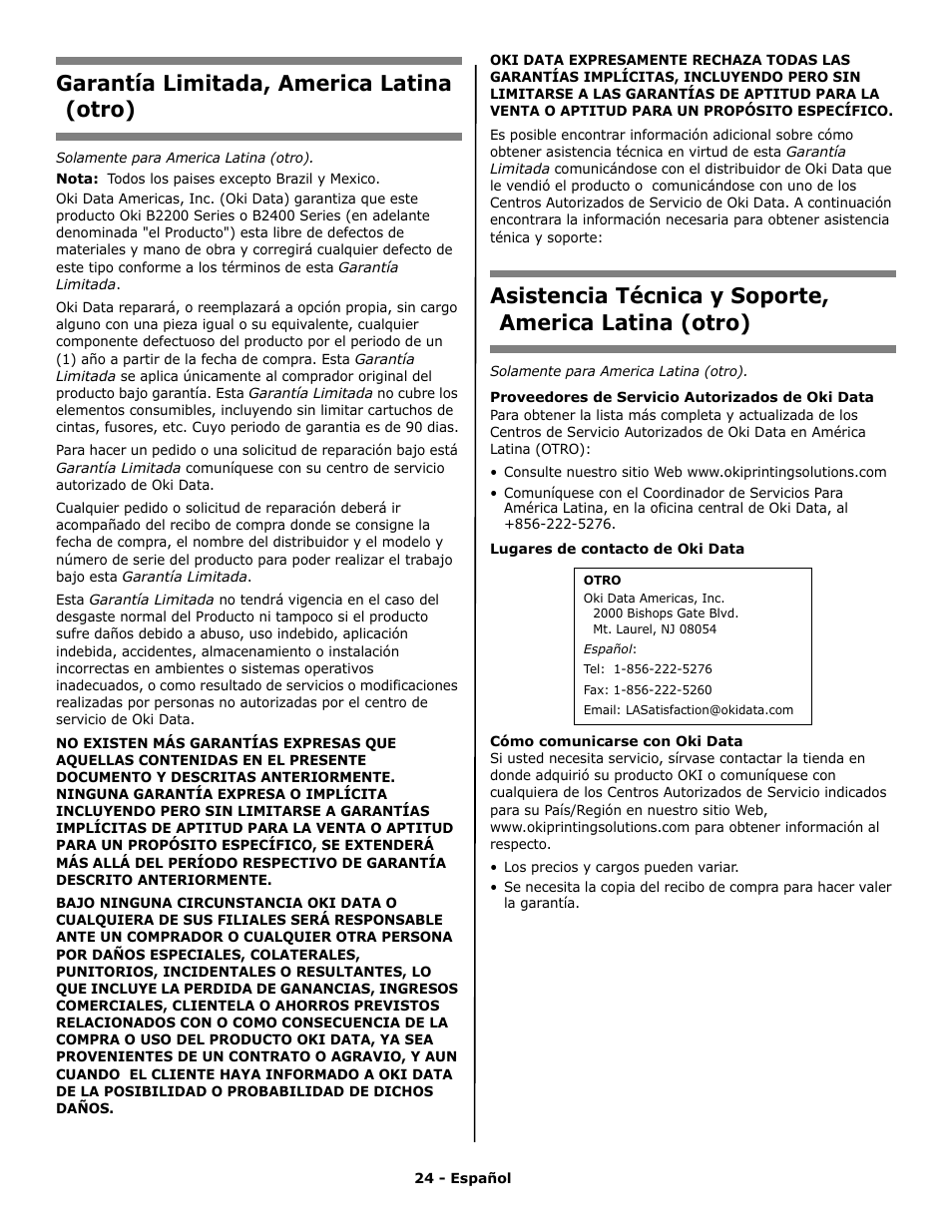 Garantía limitada, america latina (otro) | Oki PRINTING SOLUTION B2400N User Manual | Page 24 / 36