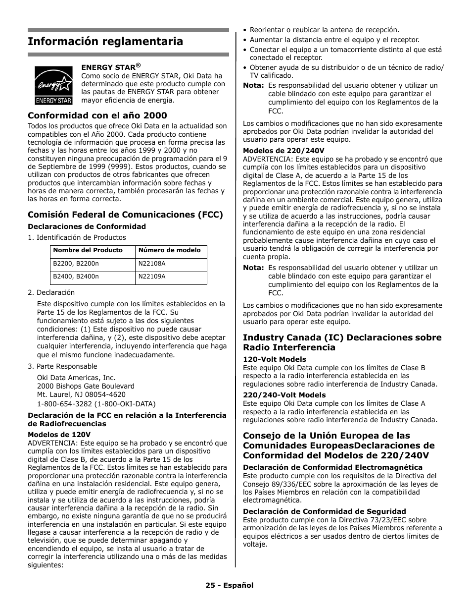 Información reglamentaria | Oki PRINTING SOLUTION B2400N User Manual | Page 25 / 36