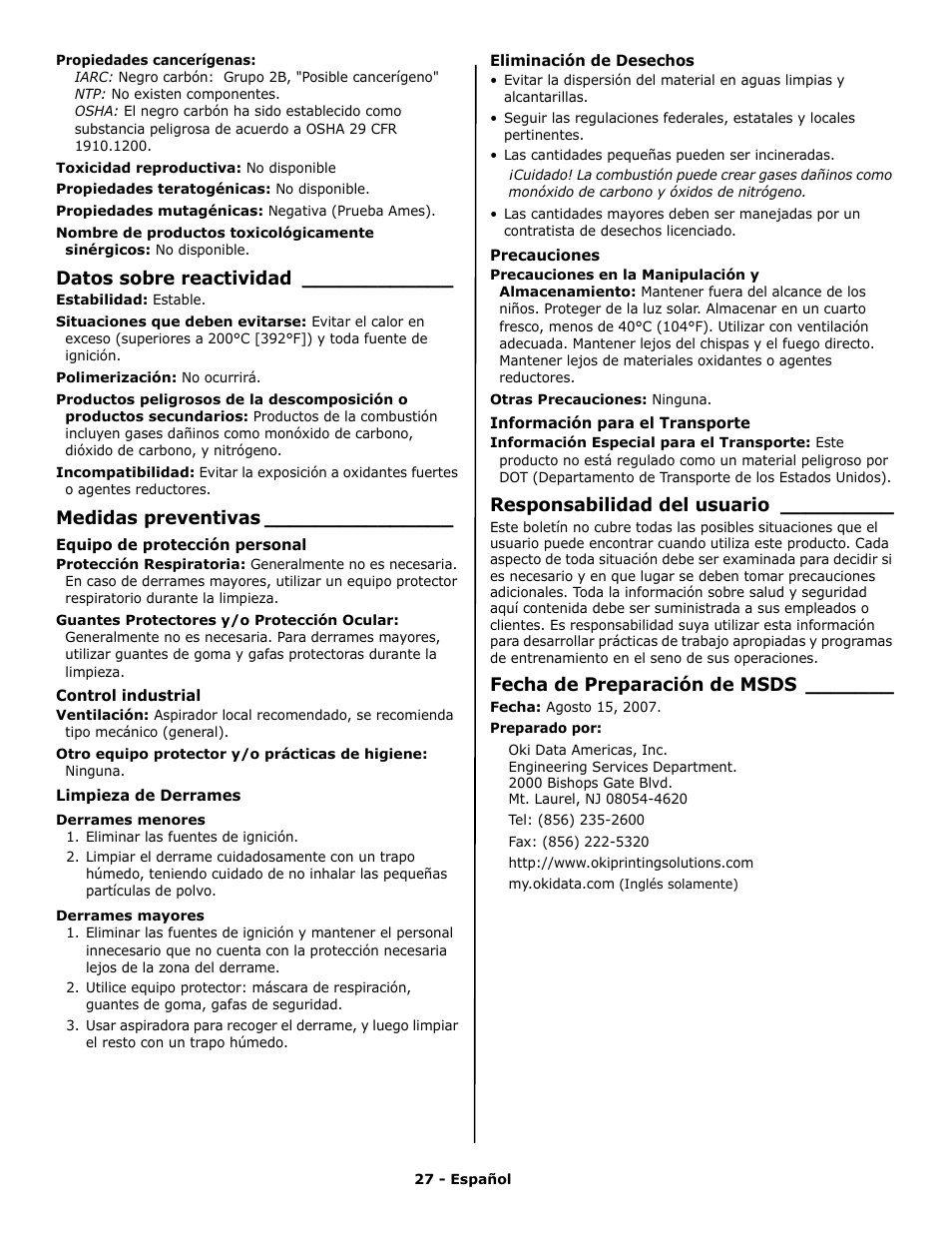 Datos sobre reactividad, Medidas preventivas, Responsabilidad del usuario | Fecha de preparación de msds | Oki PRINTING SOLUTION B2400N User Manual | Page 27 / 36
