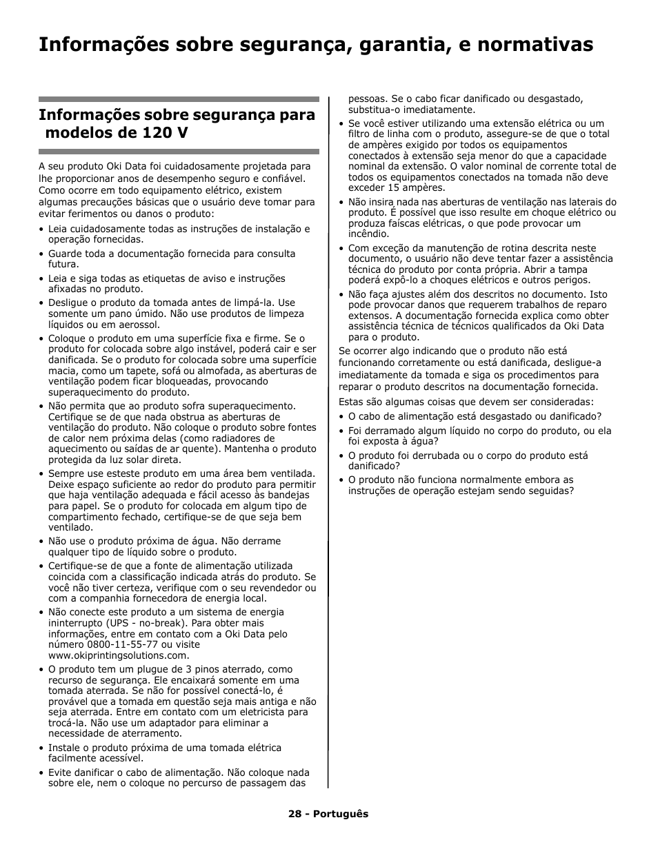 Informações sobre segurança para modelos de 120 v | Oki PRINTING SOLUTION B2400N User Manual | Page 28 / 36