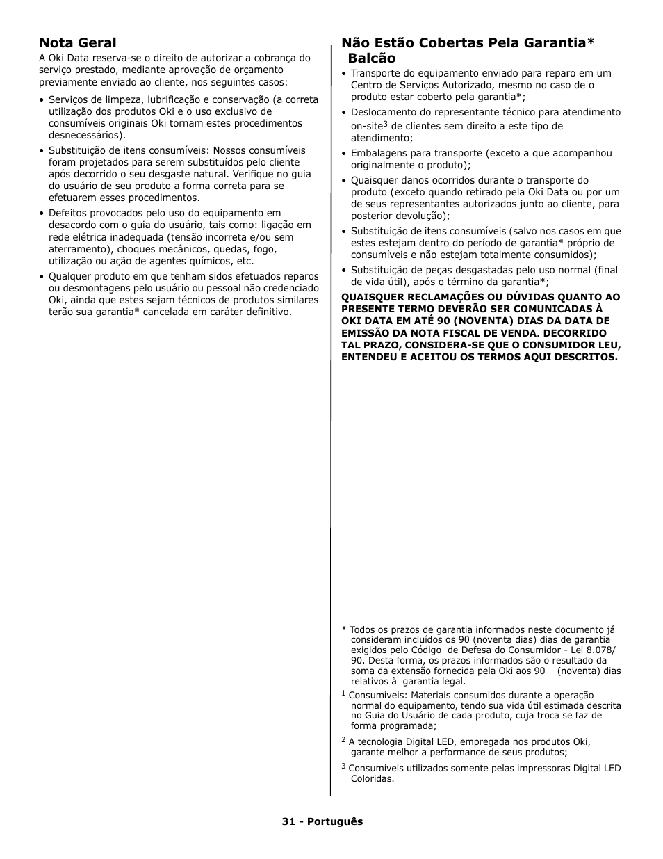 Nota geral, Não estão cobertas pela garantia* balcão | Oki PRINTING SOLUTION B2400N User Manual | Page 31 / 36