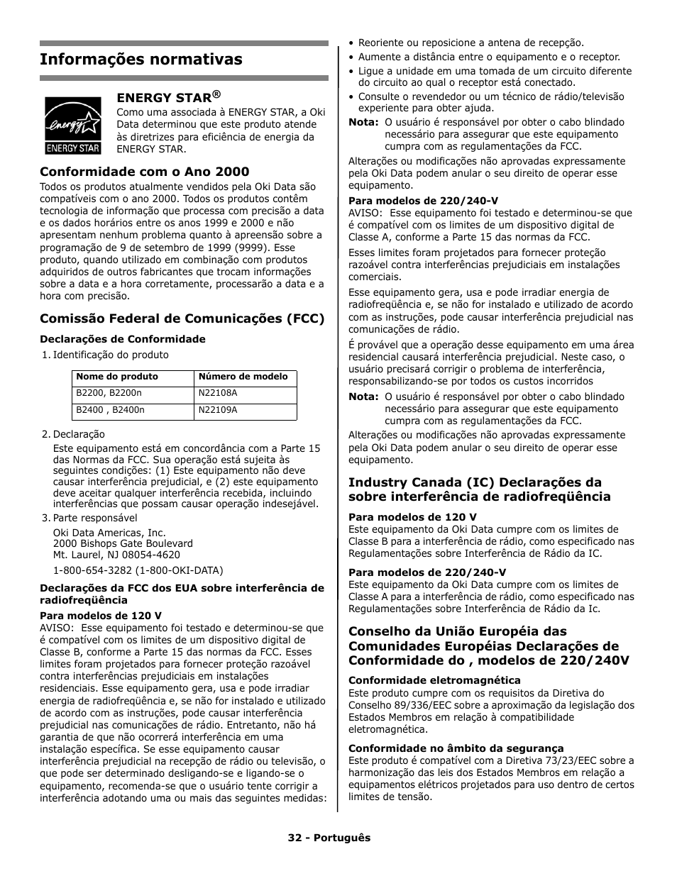 Informações normativas | Oki PRINTING SOLUTION B2400N User Manual | Page 32 / 36