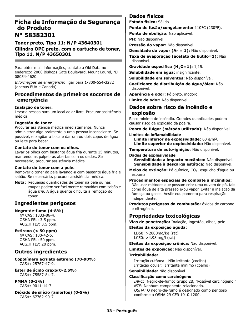 Ficha de informação de segurança do produto | Oki PRINTING SOLUTION B2400N User Manual | Page 33 / 36