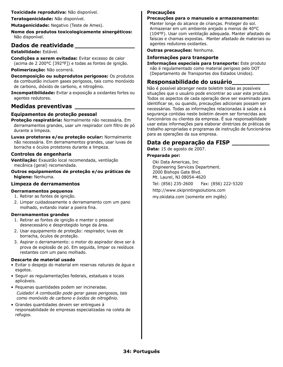 Dados de reatividade, Medidas preventivas, Responsabilidade do usuário | Data de preparação da fisp | Oki PRINTING SOLUTION B2400N User Manual | Page 34 / 36