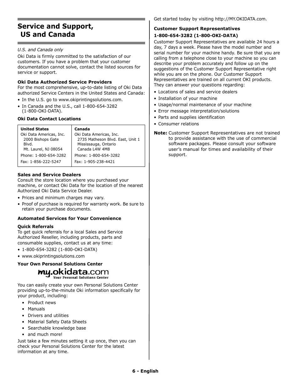 Service and support, us and canada | Oki PRINTING SOLUTION B2400N User Manual | Page 6 / 36