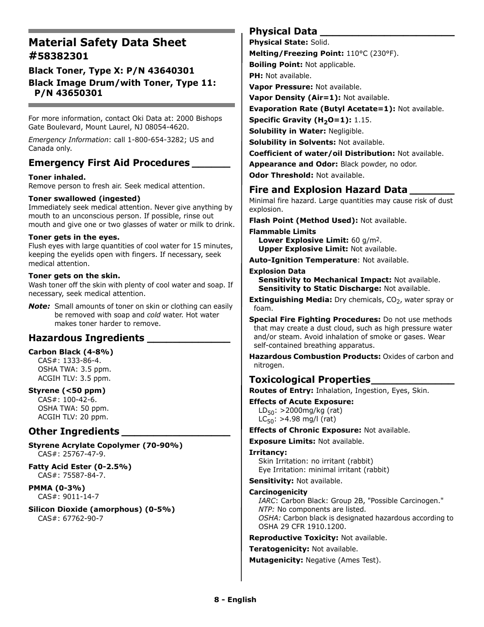Material safety data sheet, Emergency first aid procedures, Hazardous ingredients | Other ingredients, Physical data, Fire and explosion hazard data, Toxicological properties | Oki PRINTING SOLUTION B2400N User Manual | Page 8 / 36