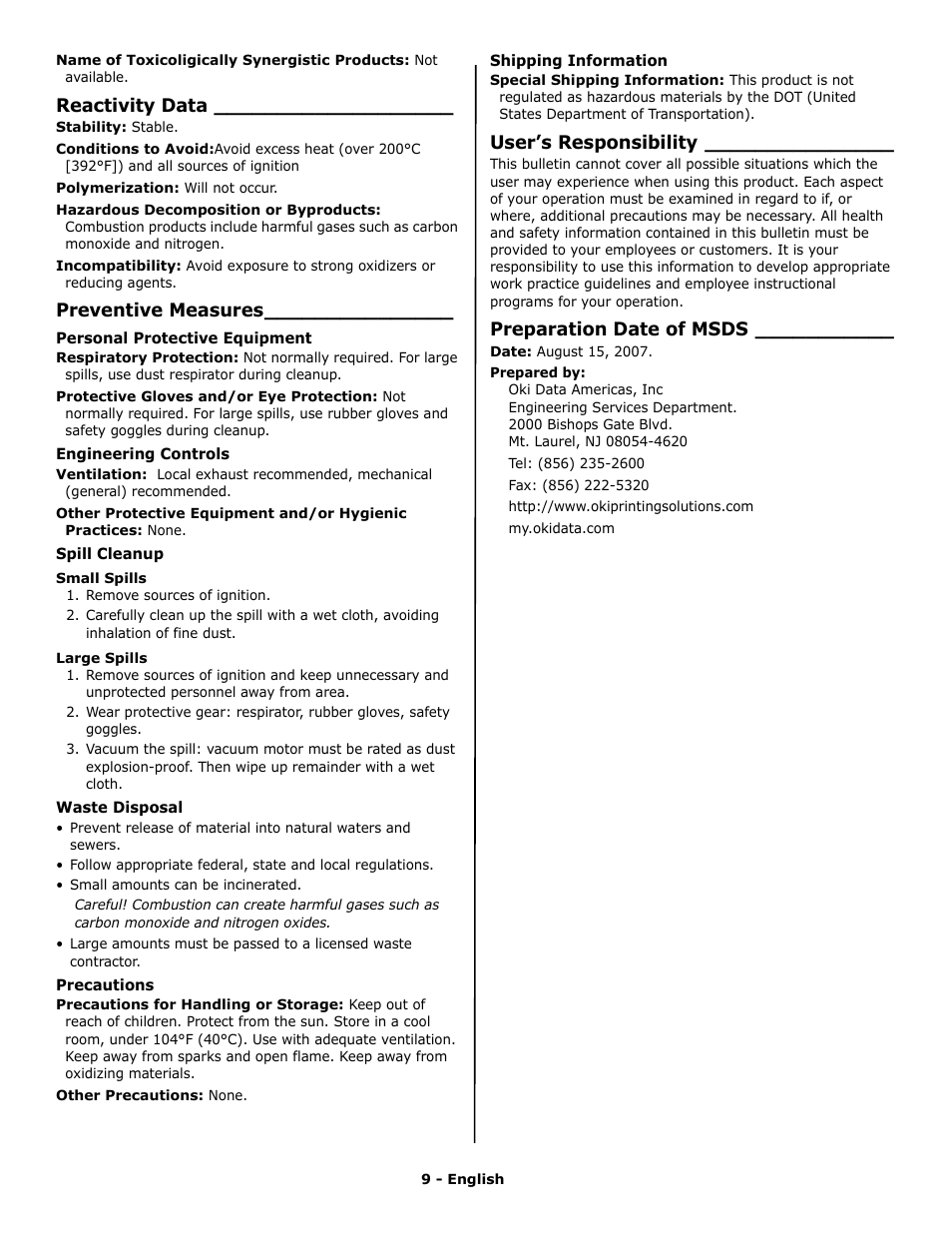 Reactivity data, Preventive measures, User’s responsibility | Preparation date of msds | Oki PRINTING SOLUTION B2400N User Manual | Page 9 / 36