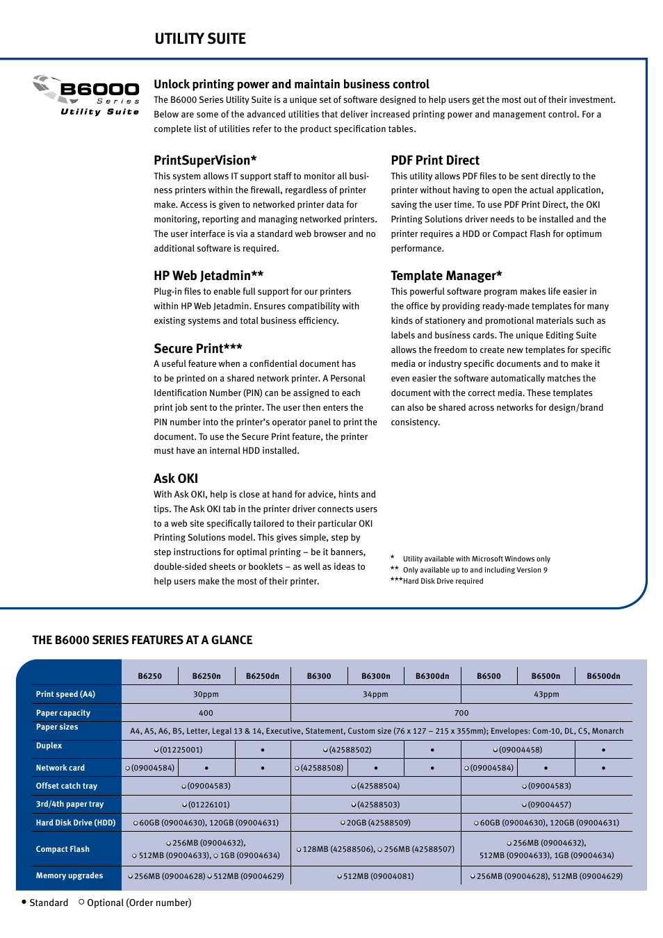 Utility suite, Printsupervision, Hp web jetadmin | Secure print, Ask oki, Pdf print direct, Template manager, The b6000 series features at a glance | Oki B6000 Series User Manual | Page 6 / 8