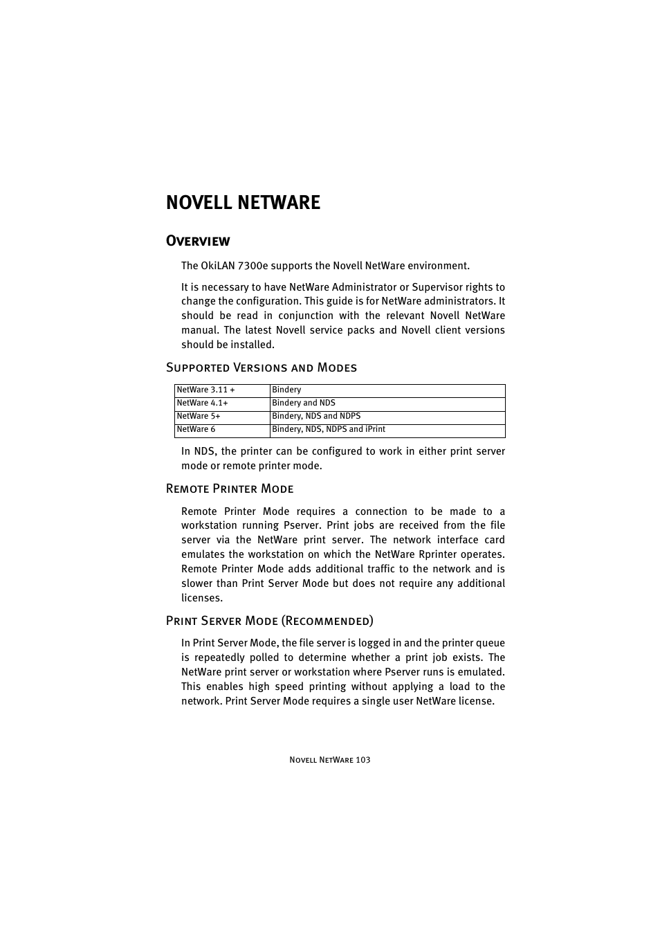 Novell netware, Overview, Supported versions and modes | Remote printer mode, Print server mode (recommended) | Oki 7300e User Manual | Page 104 / 141