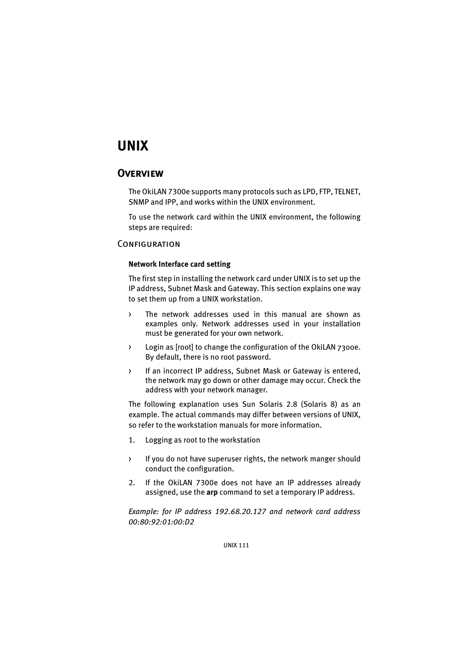 Unix, Overview, Configuration | Network interface card setting | Oki 7300e User Manual | Page 112 / 141