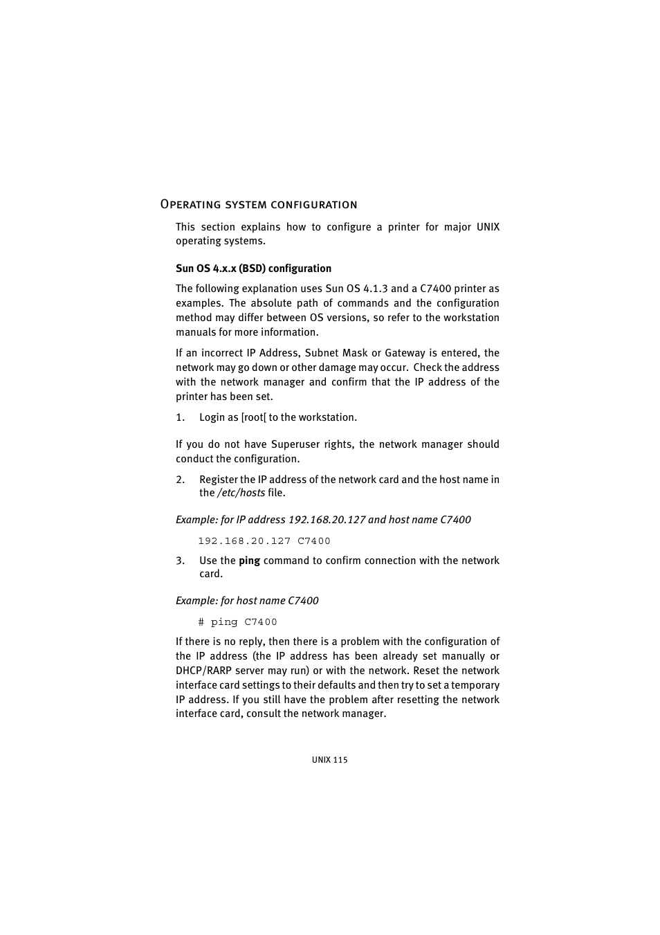 Operating system configuration, Sun os 4.x.x (bsd) configuration | Oki 7300e User Manual | Page 116 / 141