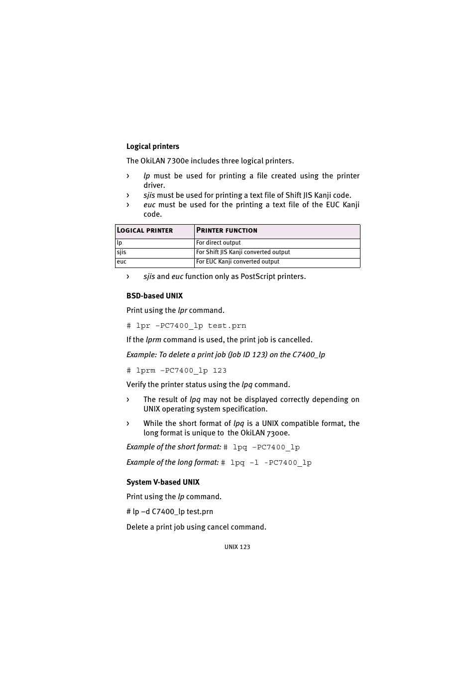 Logical printers, Bsd-based unix, System v-based unix | Oki 7300e User Manual | Page 124 / 141