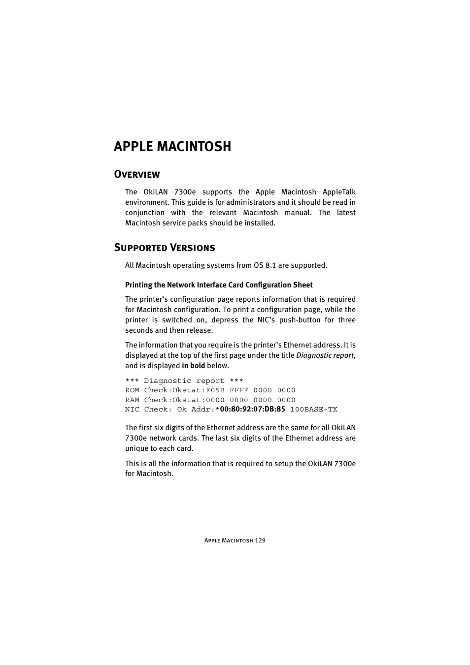 Apple macintosh, Overview, Supported versions | Overview supported versions | Oki 7300e User Manual | Page 130 / 141