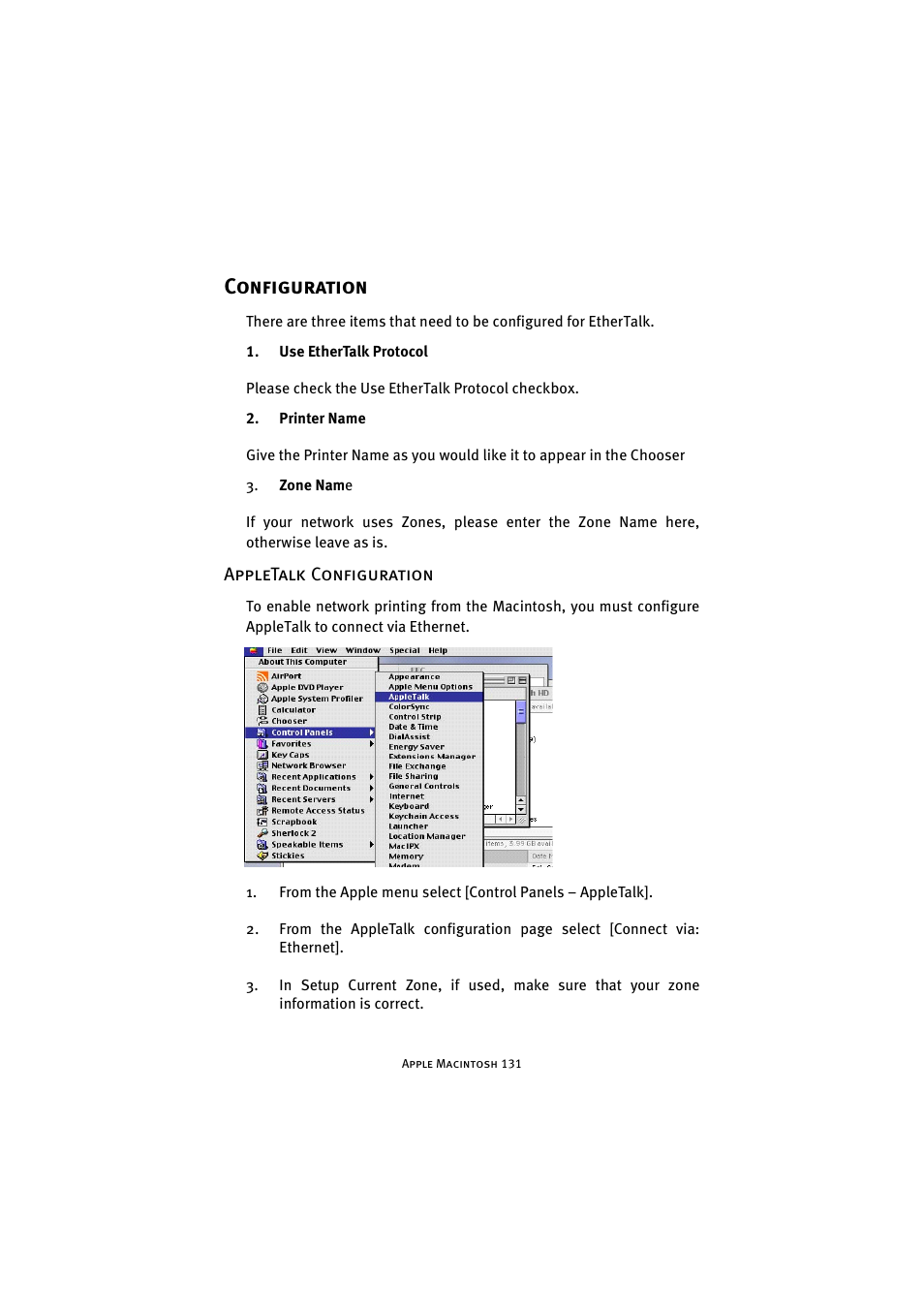 Configuration, Appletalk configuration | Oki 7300e User Manual | Page 132 / 141