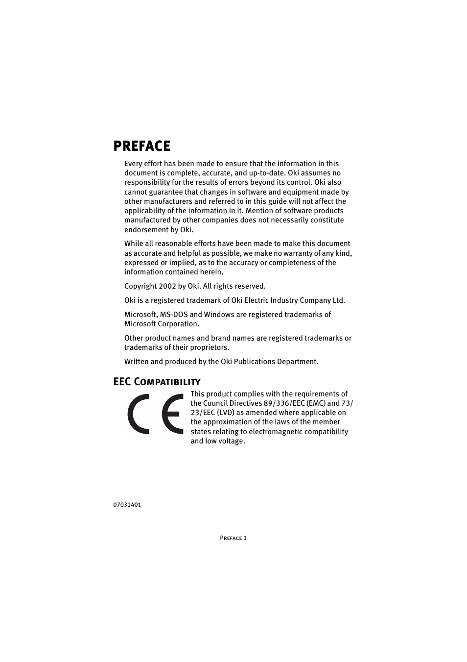 Preface, Eec compatibility | Oki 7300e User Manual | Page 2 / 141