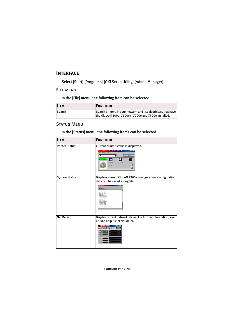 Interface, File menu, Status menu | File menu status menu | Oki 7300e User Manual | Page 21 / 141