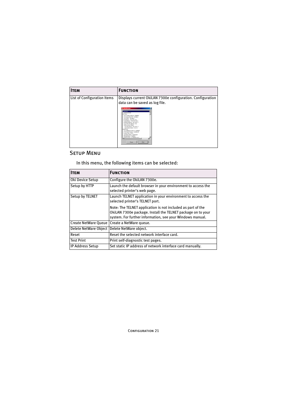 Setup menu | Oki 7300e User Manual | Page 22 / 141