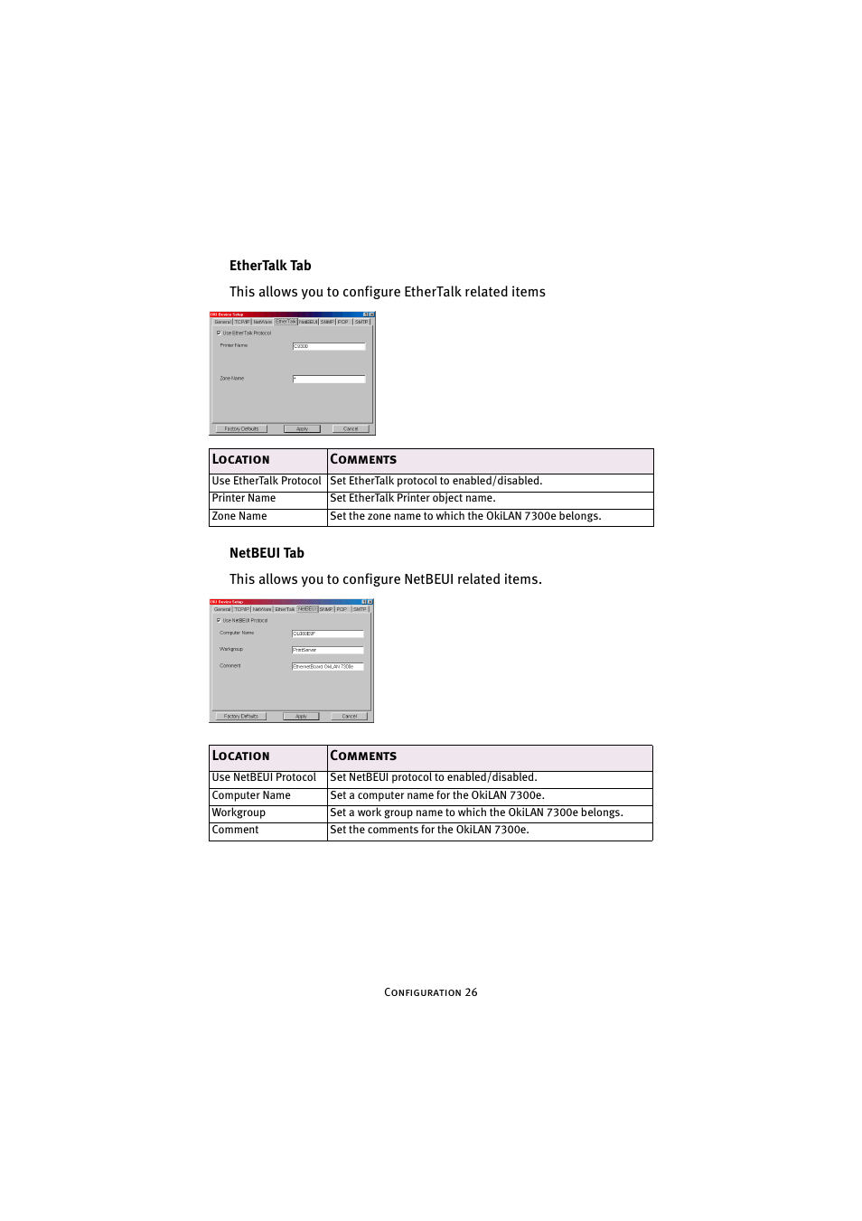 Ethertalk tab, Netbeui tab, Ethertalk tab netbeui tab | Oki 7300e User Manual | Page 27 / 141