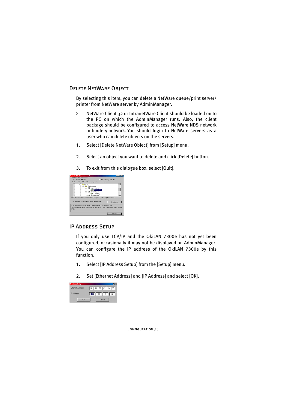 Delete netware object, Ip address setup, Delete netware object ip address setup | Oki 7300e User Manual | Page 36 / 141