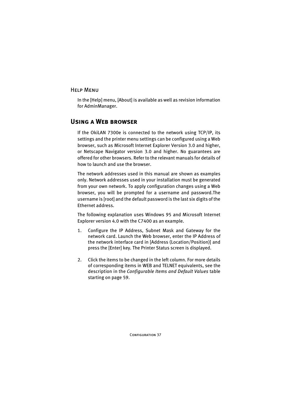 Help menu, Using a web browser | Oki 7300e User Manual | Page 38 / 141