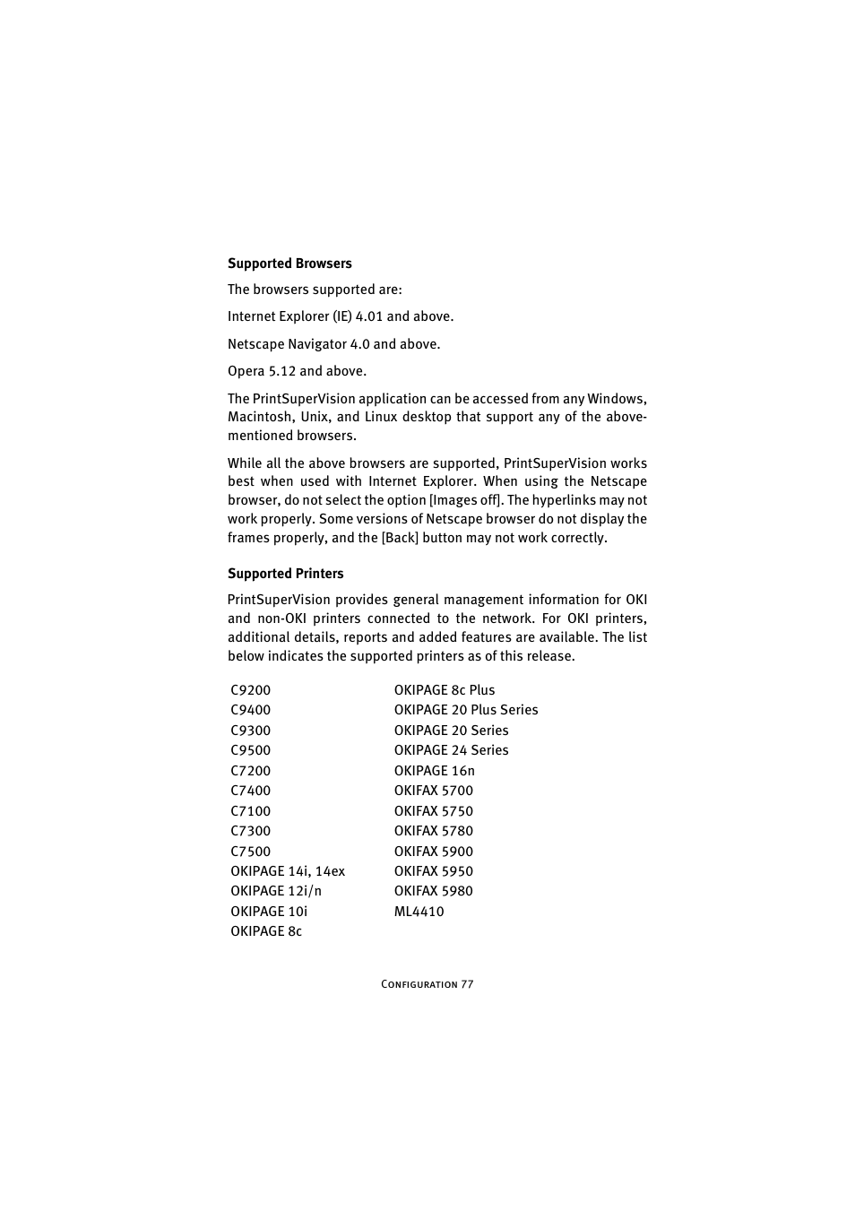 Supported browsers, Supported printers, Supported browsers supported printers | Oki 7300e User Manual | Page 78 / 141