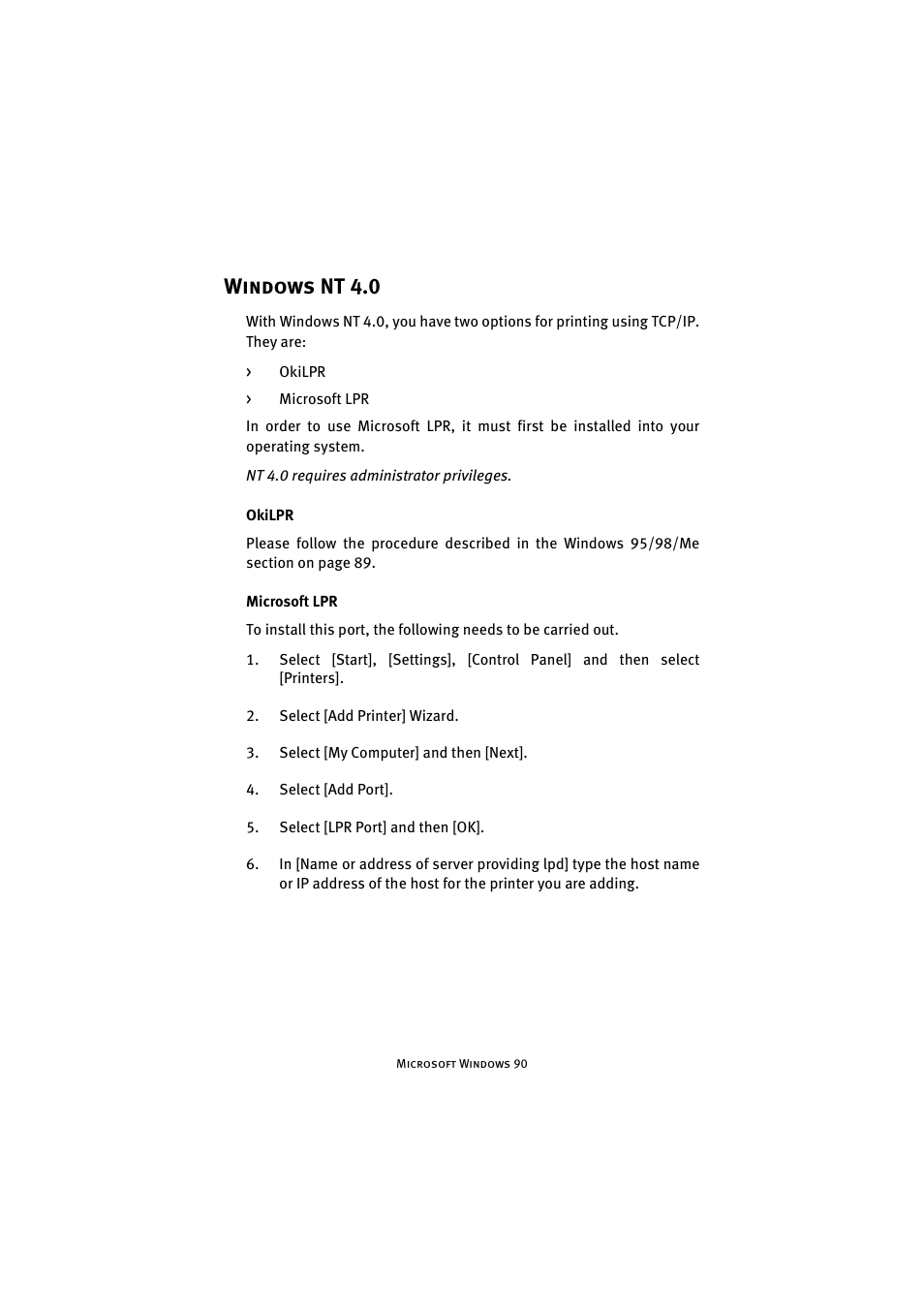 Windows nt 4.0, Okilpr, Microsoft lpr | Okilpr microsoft lpr | Oki 7300e User Manual | Page 91 / 141