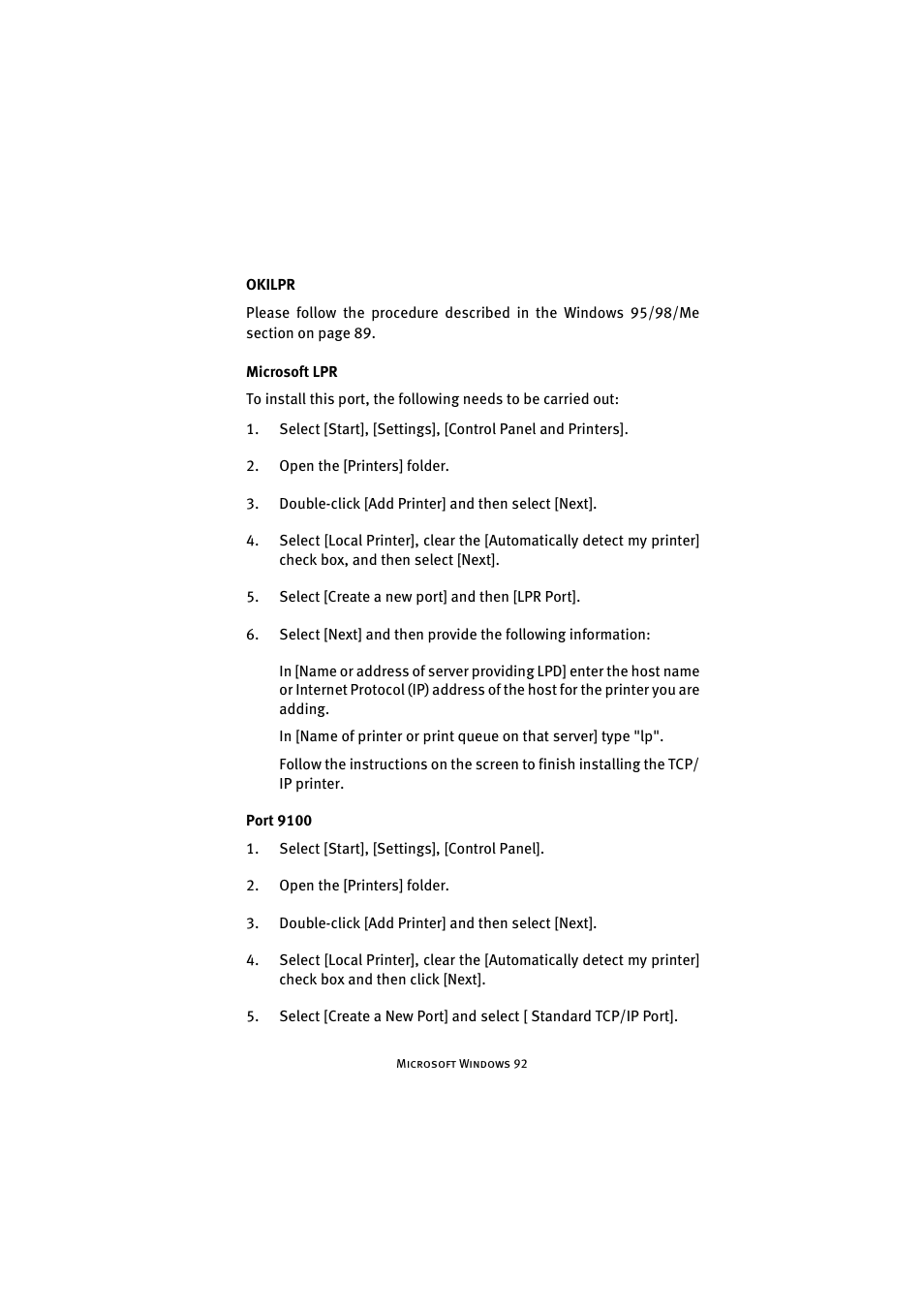 Okilpr, Microsoft lpr, Port 9100 | Okilpr microsoft lpr port 9100 | Oki 7300e User Manual | Page 93 / 141