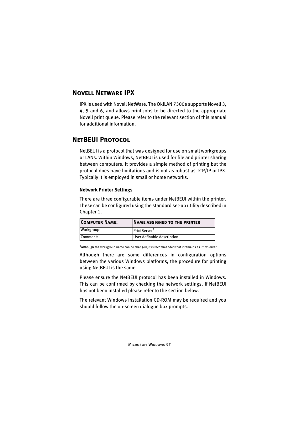 Novell netware ipx, Netbeui protocol, Network printer settings | Novell netware ipx netbeui protocol | Oki 7300e User Manual | Page 98 / 141