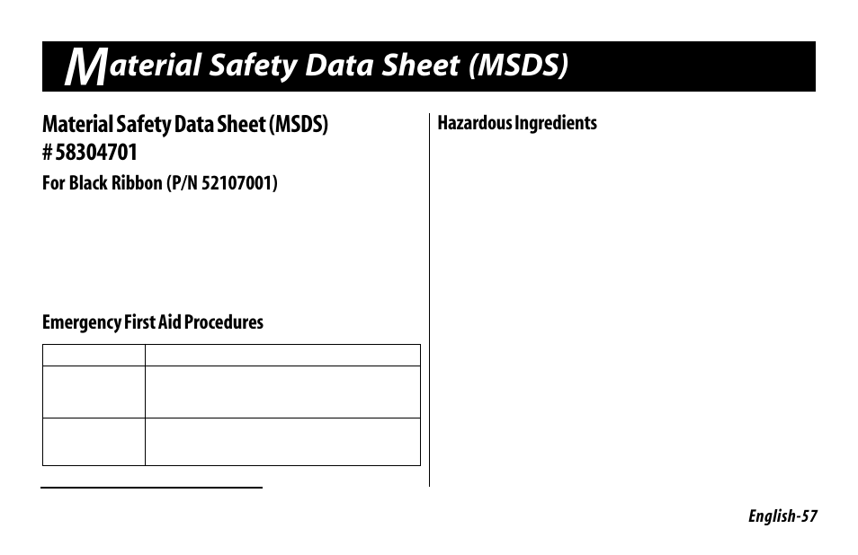 Material safety data sheet, Aterial safety data sheet (msds), Emergency first aid procedures | Hazardous ingredients | Oki 520 User Manual | Page 64 / 68