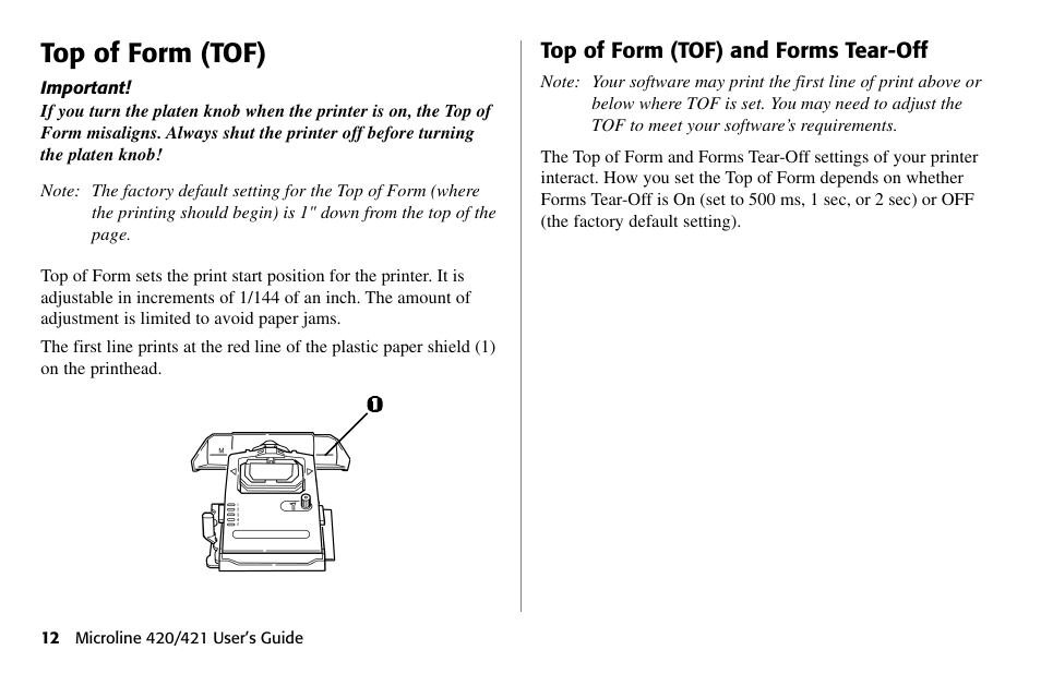 Top of form (tof), Top of form (tof) and forms tear-off | Oki 80 Series User Manual | Page 12 / 97