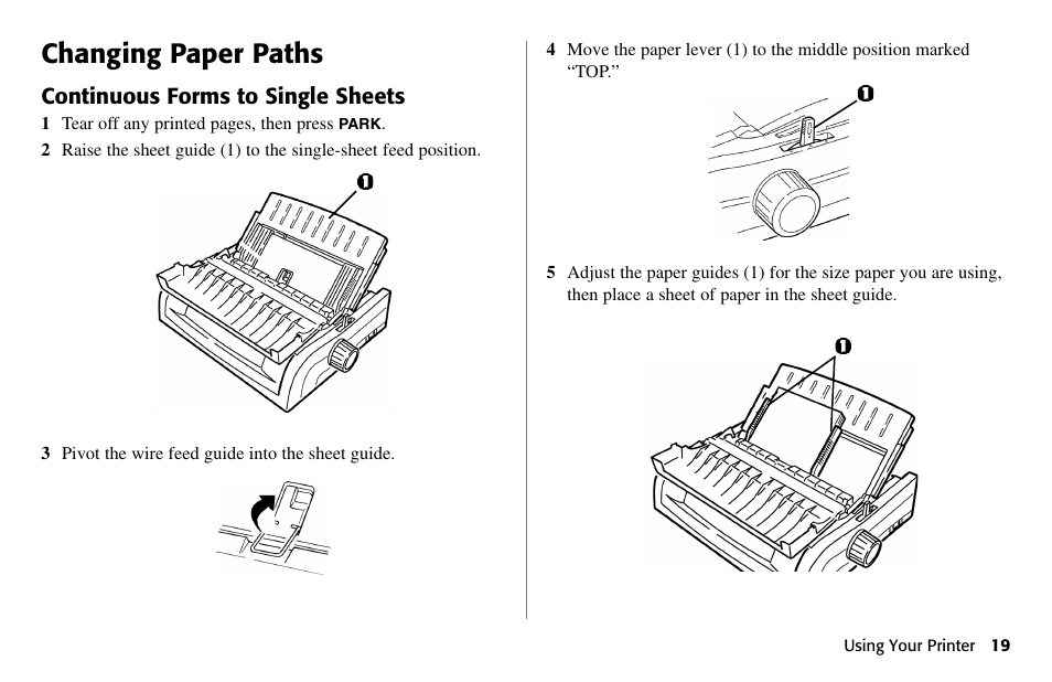 Changing paper paths, Continuous forms to single sheets | Oki 80 Series User Manual | Page 19 / 97