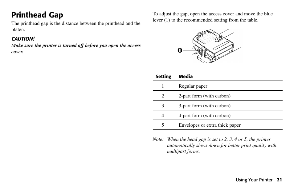 Printhead gap | Oki 80 Series User Manual | Page 21 / 97