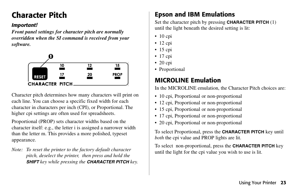 Character pitch, Epson and ibm emulations, Microline emulation | Oki 80 Series User Manual | Page 23 / 97