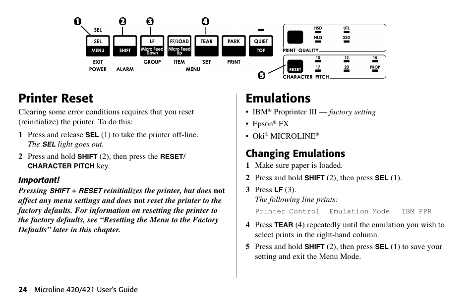 Printer reset, Emulations, Changing emulations | Oki 80 Series User Manual | Page 24 / 97